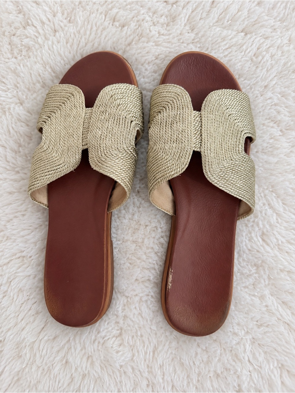 Woven Metallic Slide Sandals in Gold